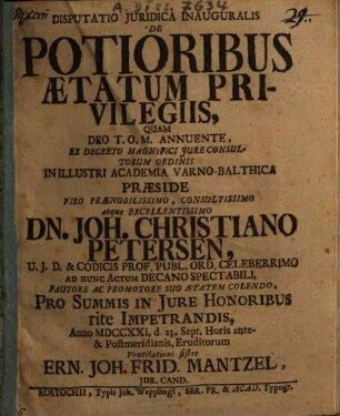 Disputatio Iuridica Inauguralis De Potioribus Aetatum Privilegiis