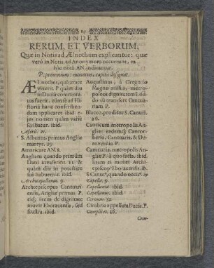 Index Rerum, Et Verborum, Quae in Notis Aelnothum explicantur: quae vero in Notis ad Anonymum occurrunt, ea hac nota An indicantur.