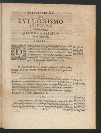 Disputatio XV. De Syllogismo Sophistico. Respondente Jacobo Gasmero