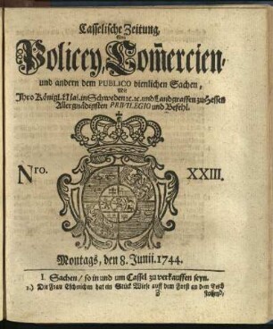 Nro. XXIII, Montags, den 8. Junii 1744