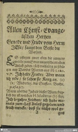 Allen Christ-Evangelischen Hertzen Genade und Friede vom Herrn Jesu, samt dem Geiste der Warheit