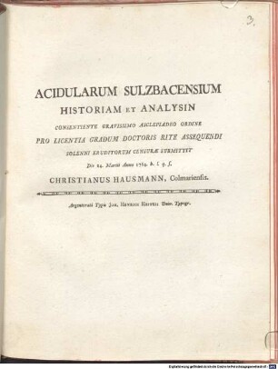 Acidularum Sulzbacensium Historiam Et Analysin