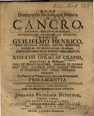 Dissertatio Inavgvralis [Inauguralis] Medica De Cancro