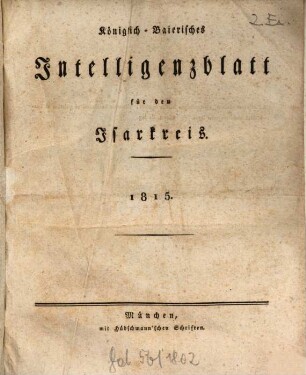 Königlich-bayerisches Intelligenzblatt für den Isarkreis. 1815