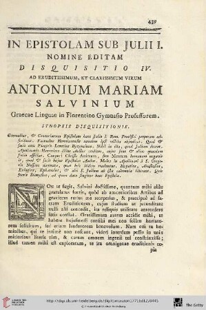 Disquisitio IV: In Epistolam sub Julii I. Nomine editam, ad Eruditissimum, et Clarissimum Virum Antonium Mariam Salvinium