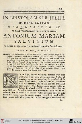 Disquisitio IV: In Epistolam sub Julii I. Nomine editam, ad Eruditissimum, et Clarissimum Virum Antonium Mariam Salvinium