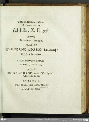 Conclusionum Forensium Exercitatio XX. Ad Libr. X. Digest.