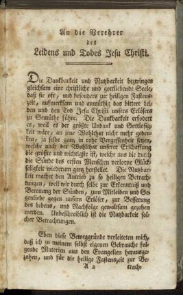 An die Verehrer des Leidens und Todes Jesu Christi.