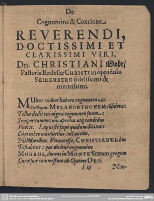 De Cognomine & Concione Reverendi Doctissimi Et Clarissimi Viri Dominus Christiani Mohr