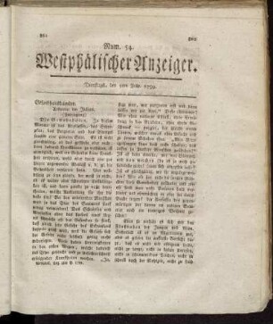 Num. 54. Westphälischer Anzeiger. Dienstags, den 9ten July. 1799. - Beilage zum Westphälischen Anzeiger Nro. 55. Freitags den 12ten July 1799.