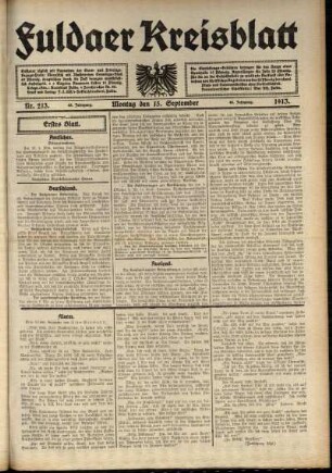 Erste Ausgabe vom Montag, den 15. September 1913.