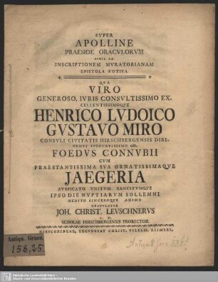 Super Apolline Praeside Oraculorum Simul Ad Inscriptionem Muratorianam Epistola Votiva ...