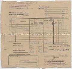 Ausgefülltes Formular über die Ablieferung von Bargeld im Rahmen der Währungsreform 1948