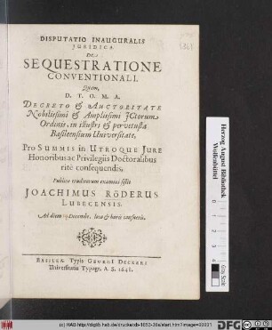 Disputatio Inauguralis Iuridica. De Sequestratione Conventionali