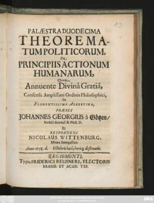 Palaestra Duodecima Theorematum Politicorum, De Principiis Actionum Humanarum,