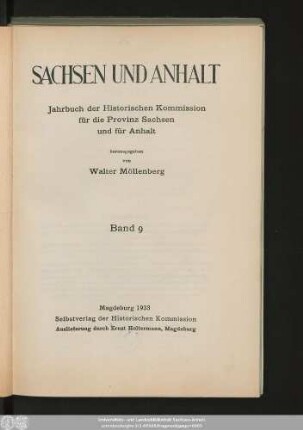 9.1933: Sachsen und Anhalt : Jahrbuch der Historischen Kommission für Sachsen-Anhalt