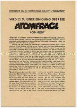 Sonderdruck eines Artikels von Surkow über Vorschläge der USA und UdSSR zum kontrollierten Verbot von Atomwaffen (Übernahme aus "Friedenswacht")