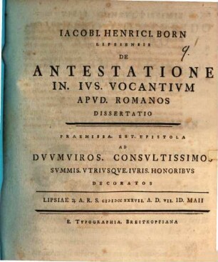 De antestatione in ius vocantium apud Romanos dissertatio : Praemissa est epistola ad duumviros