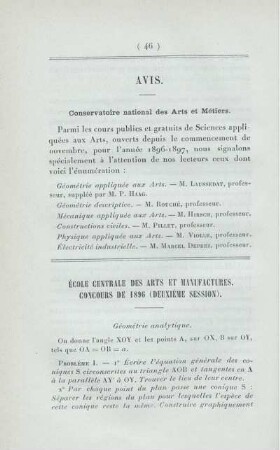 École centrale des arts et manufactures. Concours de 1896 (deuxième session).