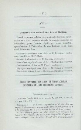 École centrale des arts et manufactures. Concours de 1896 (deuxième session).
