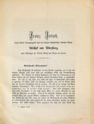 Hirtenbrief des Bischofs von Würzburg, erlassen zur Fastenzeit 1880 : mit Fastendispense