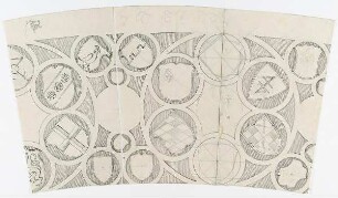 Gebogener Ornamentausschnitt mit Rosetten und Wappen