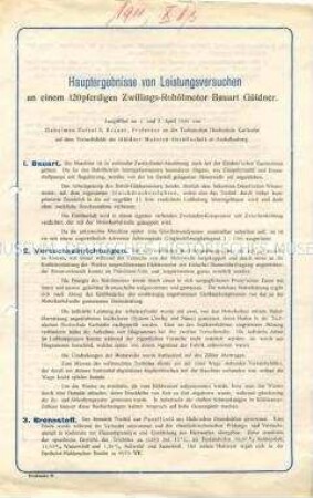 Hauptergebnisse von Leistungsversuchen an einem 120pferdigen Zwillings-Rohölmotor Bauart Güldner.