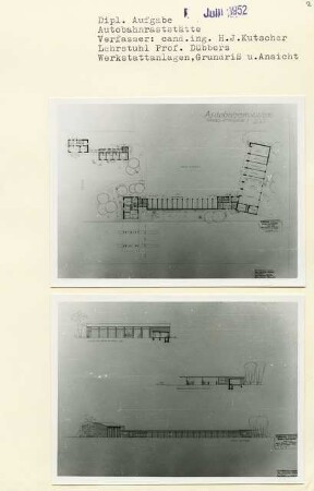 Autobahnraststätte (Diplomarbeit bei Kurt Dübbers): Werkstatt, Garagenhof, Grundriss 1:200, Ansichten von Westen, Osten, Norden und Schnitt