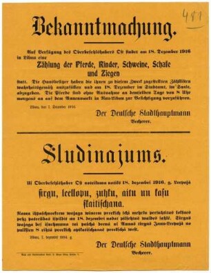 "Bekanntmachung." Zählung der Pferde, Rinder, Schweine, Schafe und Ziegen