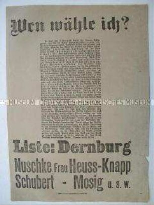 Flugblatt der Deutschen demokratischen Partei mit Wahlaufruf
