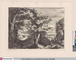 [Waldlandschaft mit auf einem Esel reitendem und zwei Wanderern (Flucht nach Ägypten?); Landscape with with Trees in Foreground]