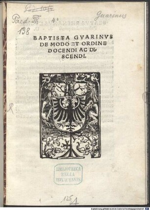Baptista Gvarinvs De Modo Et Ordine Docendi Ac Discendi