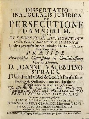 Dissertatio Inauguralis Juridica De Persecutione Damnorum