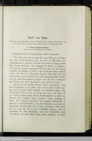 Karl von Hase : Festrede zur Enthüllung einer Gedenktafel an Hases Geburtshaus bei der Feier seines hundertsten Geburtstages in Niedersteinbach