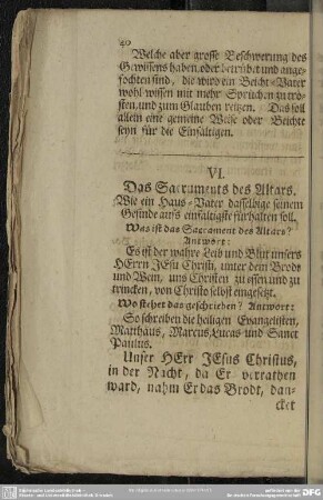 VI. Das Sacraments des Altars. Wie ein Haus-Vater dasselbige seinem Gesinde aufs einfältigste fürhalten soll
