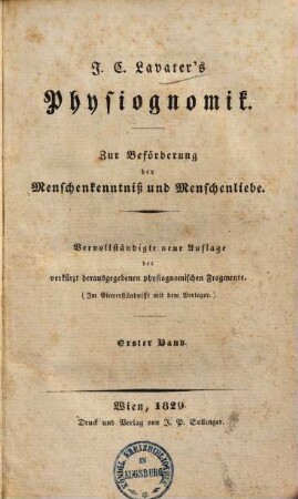 J. C. Lavater's Physiognomik : zur Beförderung der Menschenkenntnis und Menschenliebe, 1