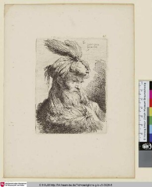 Vieillard à grande barbe, vu presque de profil et tourné vers la droite [Kopf eines alten Mannes mit orientalischem Turban mit Federschmuck]