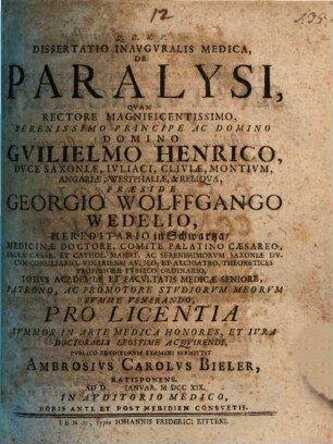 Dissertatio Inavgvralis Medica, De Paralysi