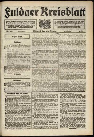Erste Ausgabe vom Mittwoch, den 15. Februar 1911.