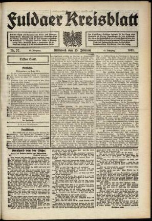 Erste Ausgabe vom Mittwoch, den 15. Februar 1911.