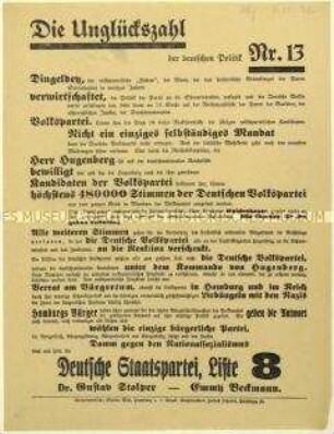 Flugblatt der Deutschen Staatspartei gegen die Deutsche Volkspartei und Aufruf zur Reichstagswahl