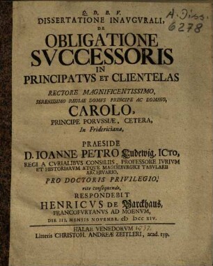 Dissertatione Inavgvrali, De Obligatione Svccessoris In Principatvs Et Clientelas