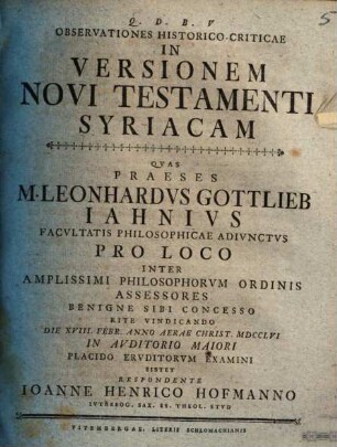 Observationes Historico-Criticae In Versionem Novi Testamenti Syriacam