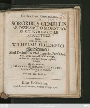 Dissertatio Fridericiana, De Sororibus Gemellis, Ab Osse Sacro Monstrose Sibi Invicem Cohærescentibus