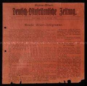 Extrablatt der Zeitung für Deutsch-Ostafrika Nr. 50 vom 21. Oktober 1914, mit einer Schlagzeile zum Beschuss deutscher Schiffe vor Daressalam