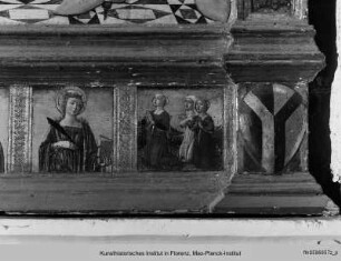 Thronende Madonna mit dem Kind, dem Heiligen Sebastian und dem Heiligen Rochus : Schmerzensmann, Heilige und Stifter