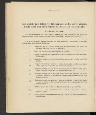 Beobachtete und definitive Höhenunterschiede, sowie absolute Höhen über dem Mittelwasser der Ostsee bei Swinemünde.