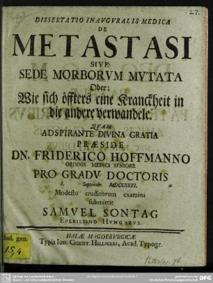 Dissertatio Inauguralis Medica De Metastasi Sive Sede Morborum Mutata sive sede morborum mutata
