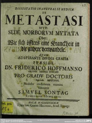 Dissertatio Inauguralis Medica De Metastasi Sive Sede Morborum Mutata sive sede morborum mutata