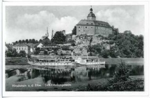 Hirschstein. Schloss mit Elbe und Dampfer